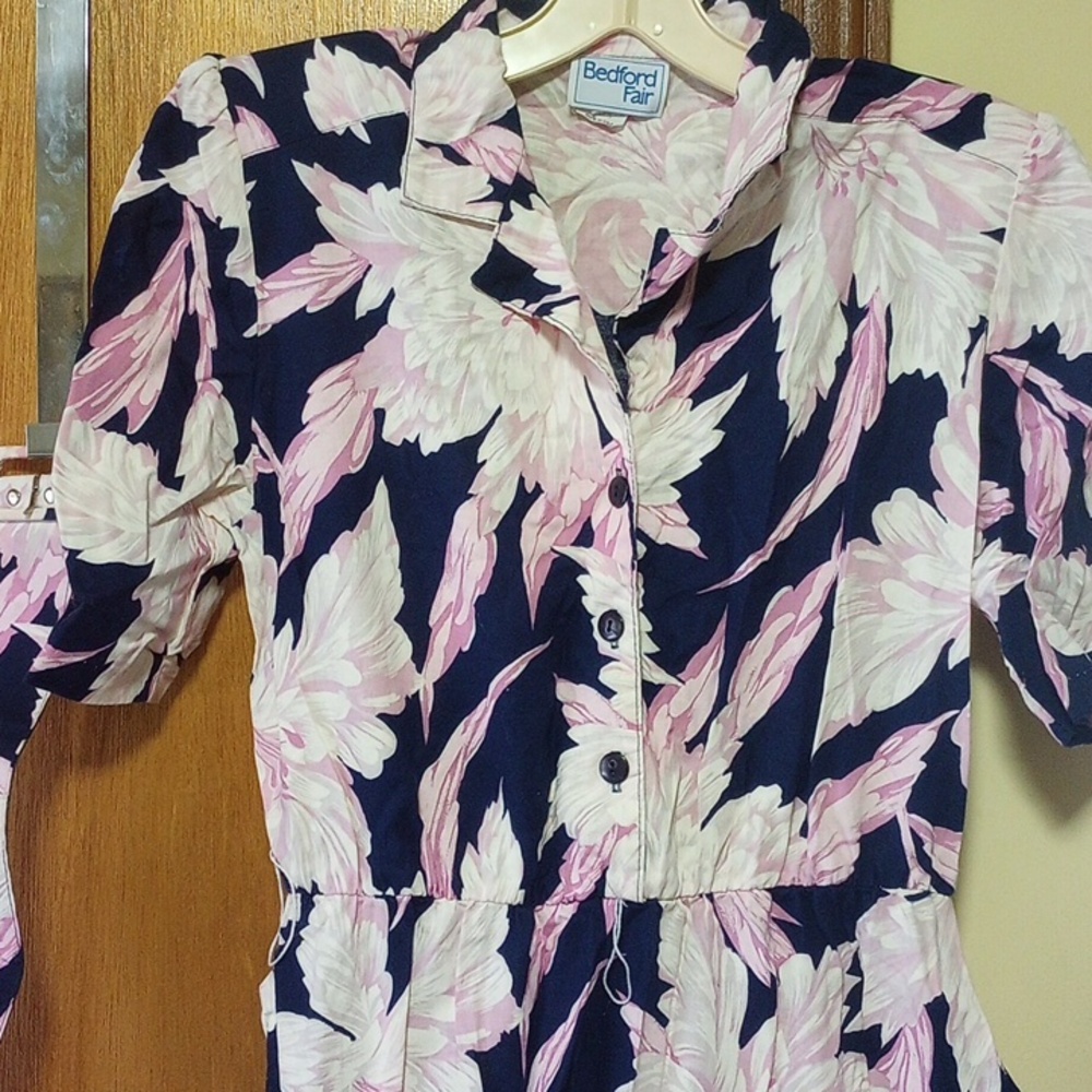 Bedford Fair Floral Cotton Vtg Midi Dress w/ Belt. Navy Blue, Pink, White. Sz 8